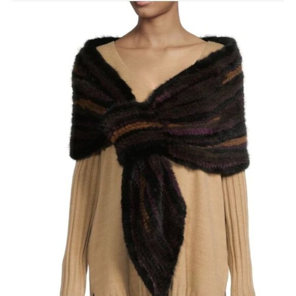 Belle Fare Salo Genuine Mink Fur Knit Pull Thru Scarf  Brown‎ Purple Gold 60" - Picture 10 of 10